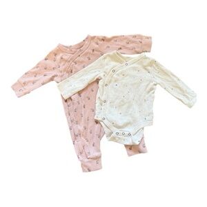 Pehr Organic Cotton Baby Outfit Set 0-3M Pink & Cream Kimono Style Bodysuits